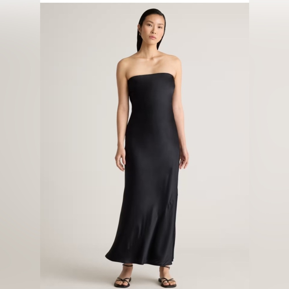 Quince 100% Washable Silk Strapless Midi Dress Elegant Black Strapless Dress